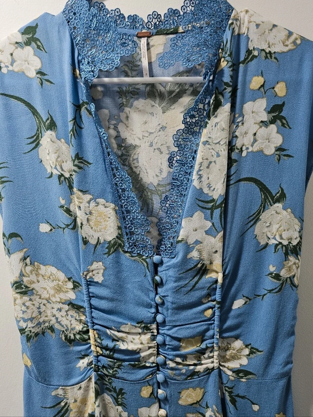 Free People Floral Lace-Trim Ruched Button-Front Mini Dress Sky Blue Size 2